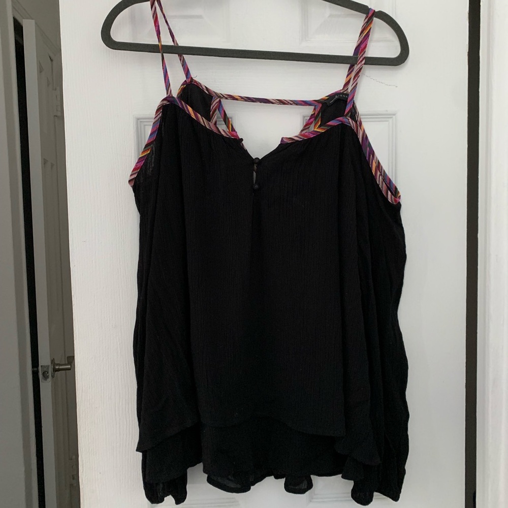 Signature8 Cold Shoulder Black Top Multicolor Trim Size Medium Open Cross Back